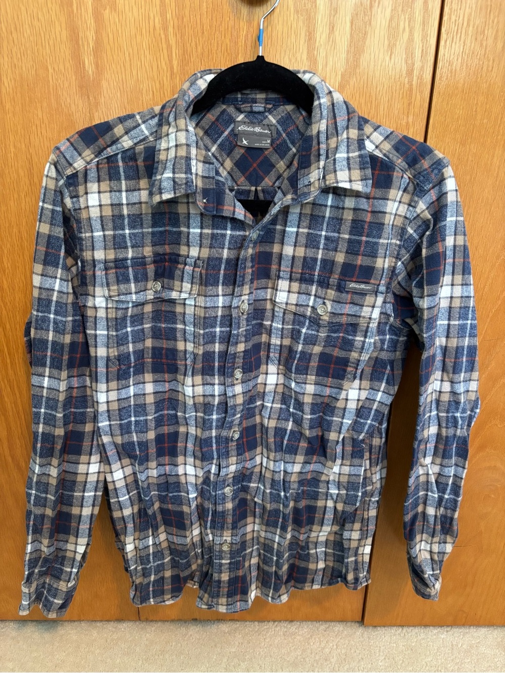 Eddie Bauer Navy and Cream Plaid Flannel Shirt Jacket